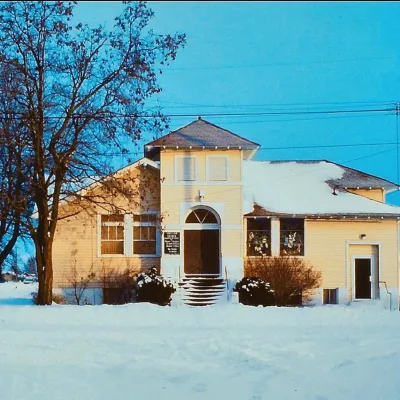 Creston Christian Church in winter with snow